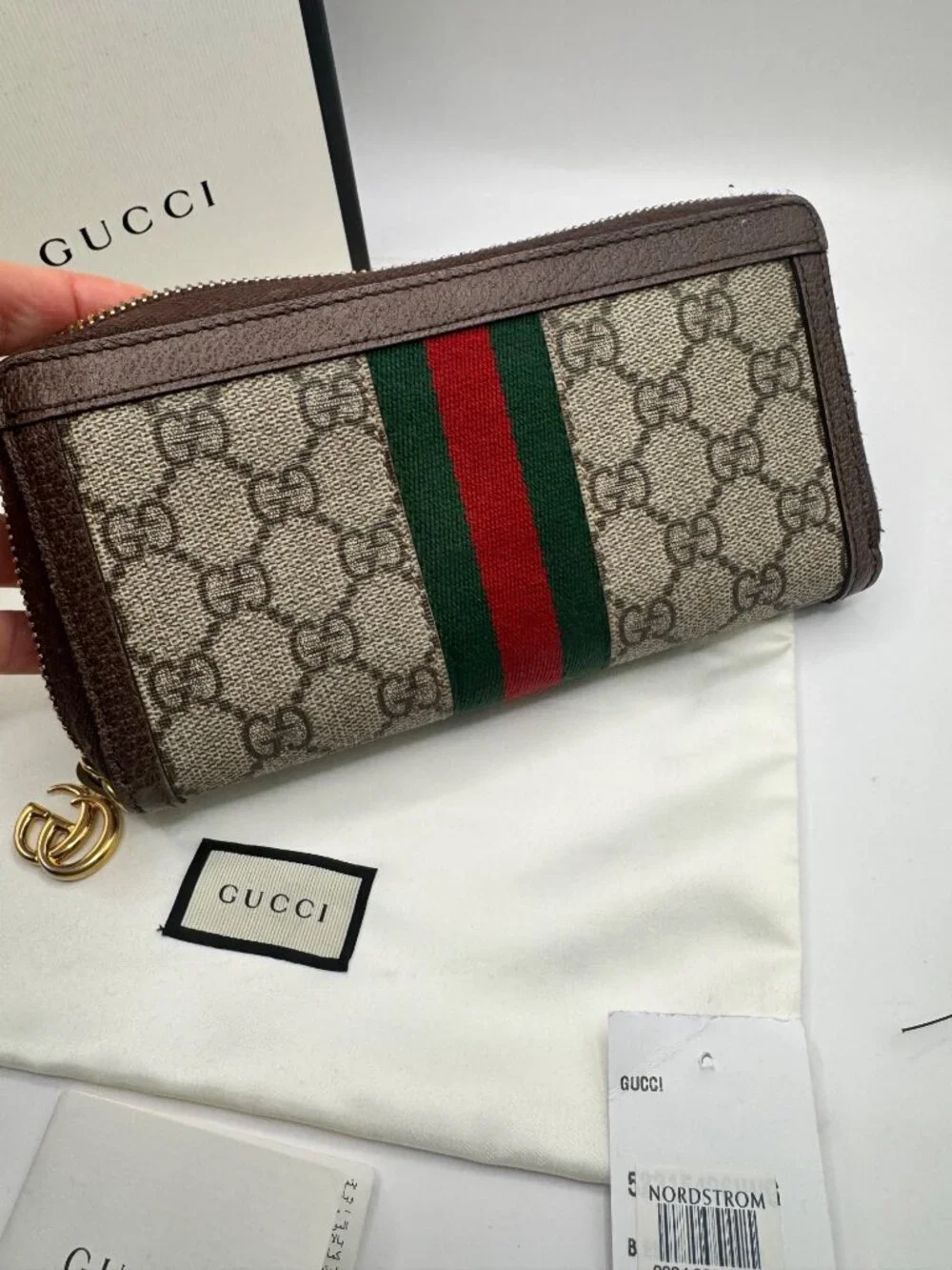 Authentic Gucci Ophelia Wallet Zip Around Web Stripe W Box and Dust Bag